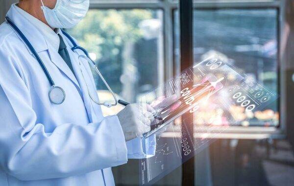Doctor holding tablet with futuristic hud screen tablet. Covid-19, Bacteria, virus, microbe. Medical concept of the future.